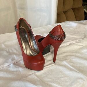 JustFab Red Platform Stiletto Pumps with Chain Detail